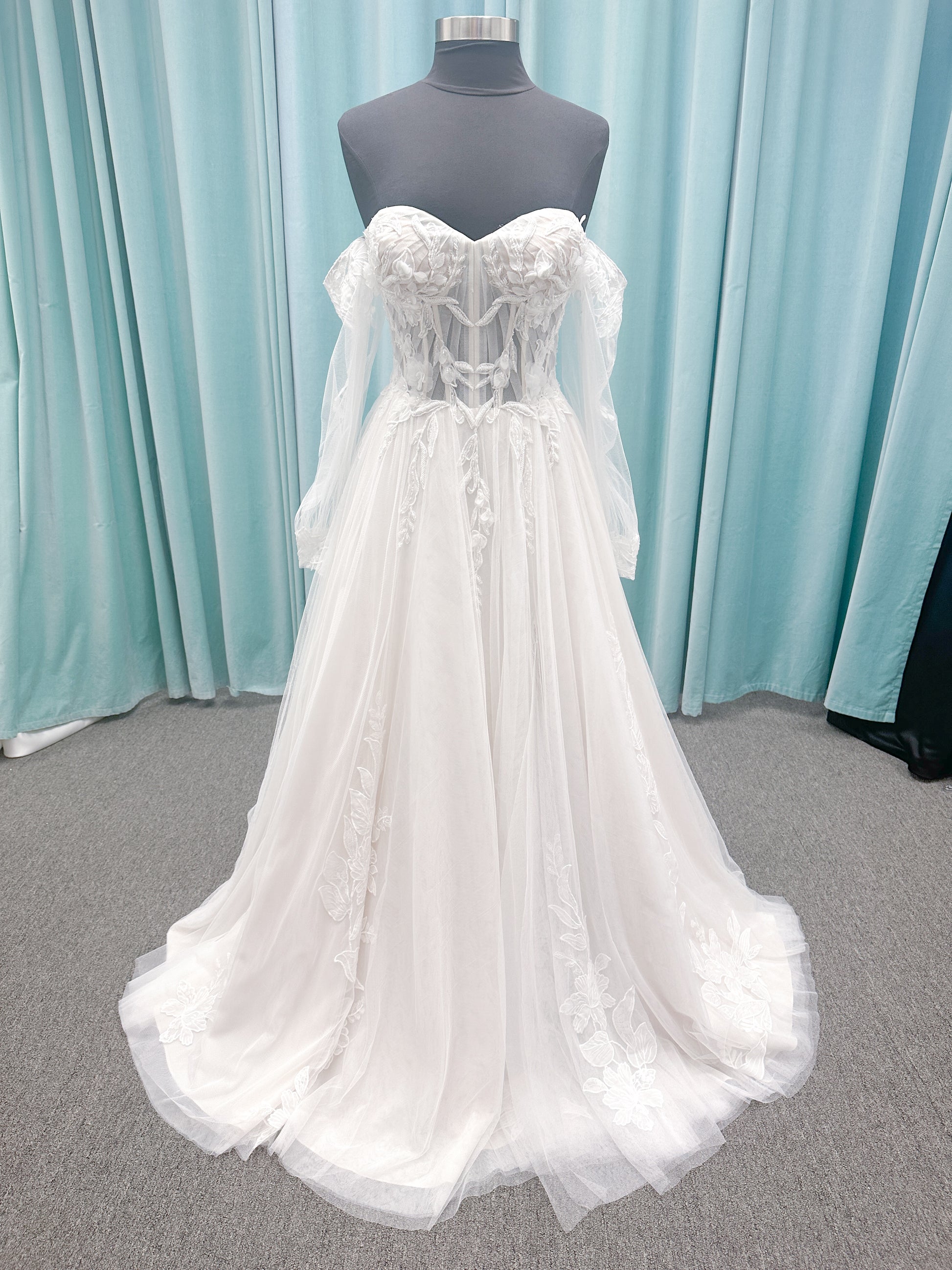 Betty A-line Wedding Dress in Ivory/Champagne, Size 10 — sheer corset bodice, floral lace, sweetheart neckline