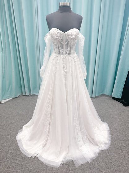 Betty A-line Wedding Dress in Ivory/Champagne, Size 10 — sheer corset bodice, floral lace, sweetheart neckline