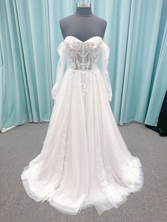 Betty A-line Wedding Dress in Ivory/Champagne, Size 10 — sheer corset bodice, floral lace, sweetheart neckline