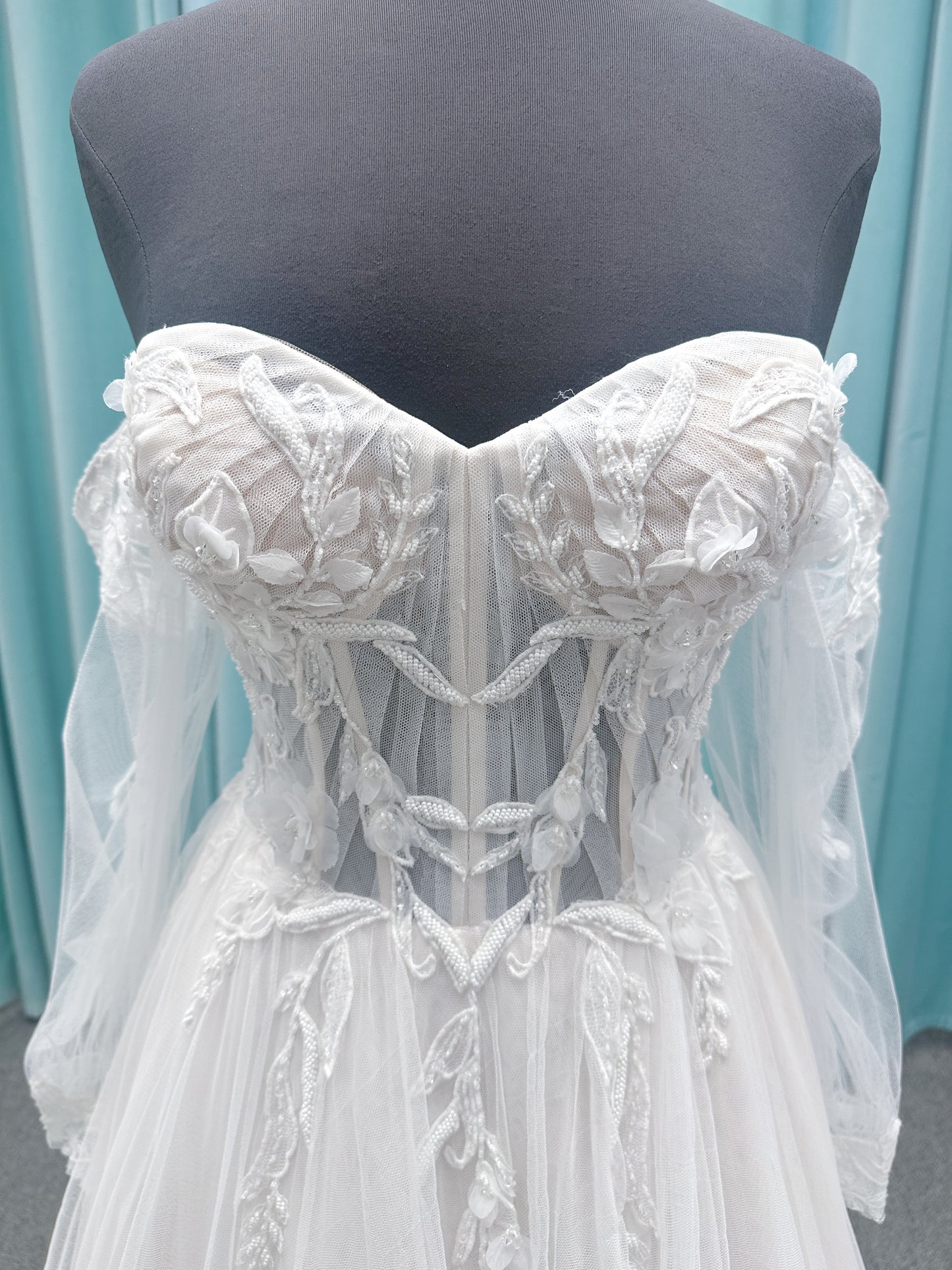 Betty A-line Wedding Dress in Ivory/Champagne, Size 10 — sheer corset bodice, floral lace, sweetheart neckline