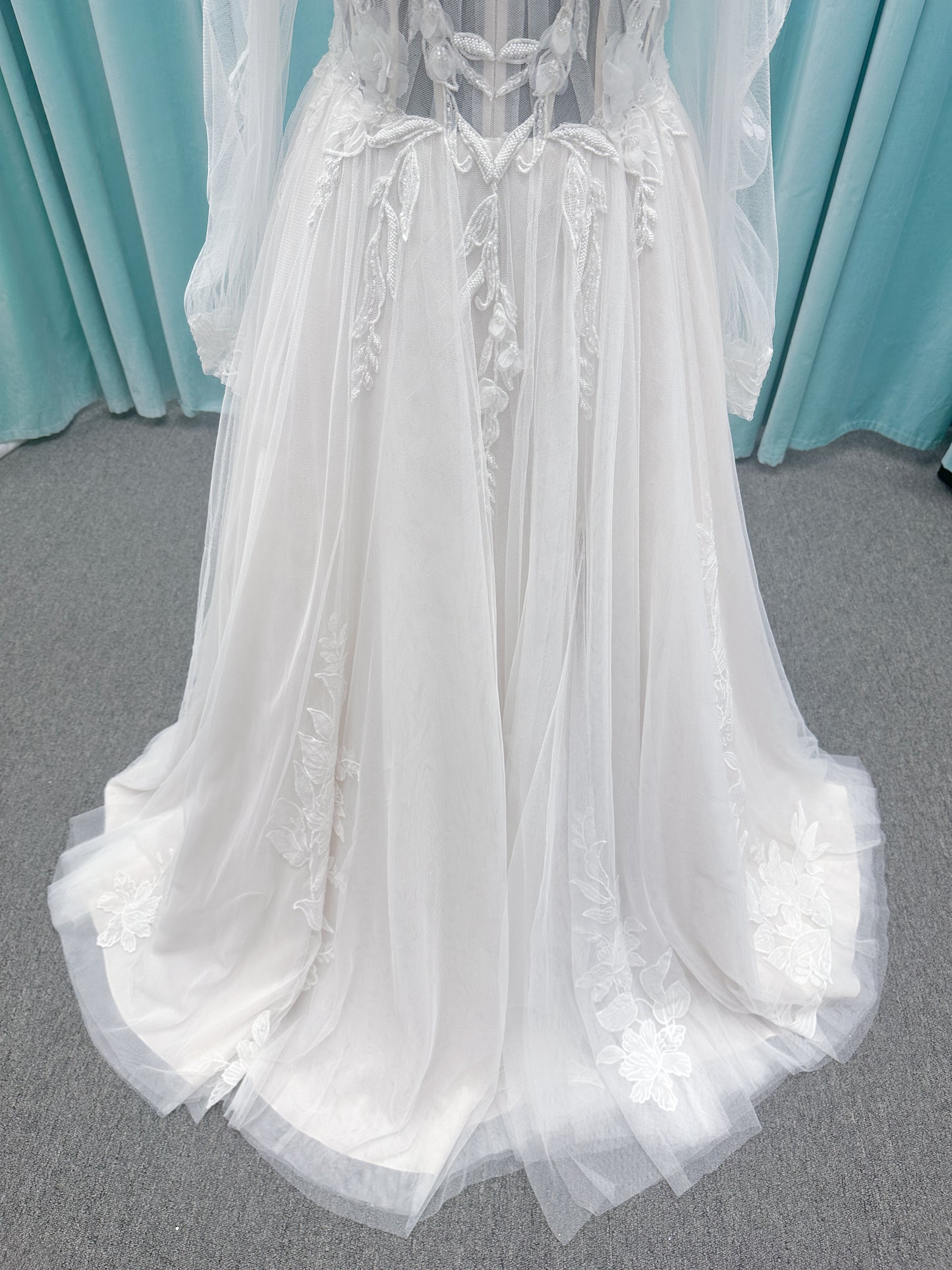 Betty A-line Wedding Dress in Ivory/Champagne, Size 10 — sheer corset bodice, floral lace, sweetheart neckline