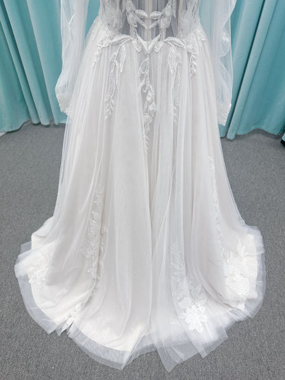 Betty A-line Wedding Dress in Ivory/Champagne, Size 10 — sheer corset bodice, floral lace, sweetheart neckline
