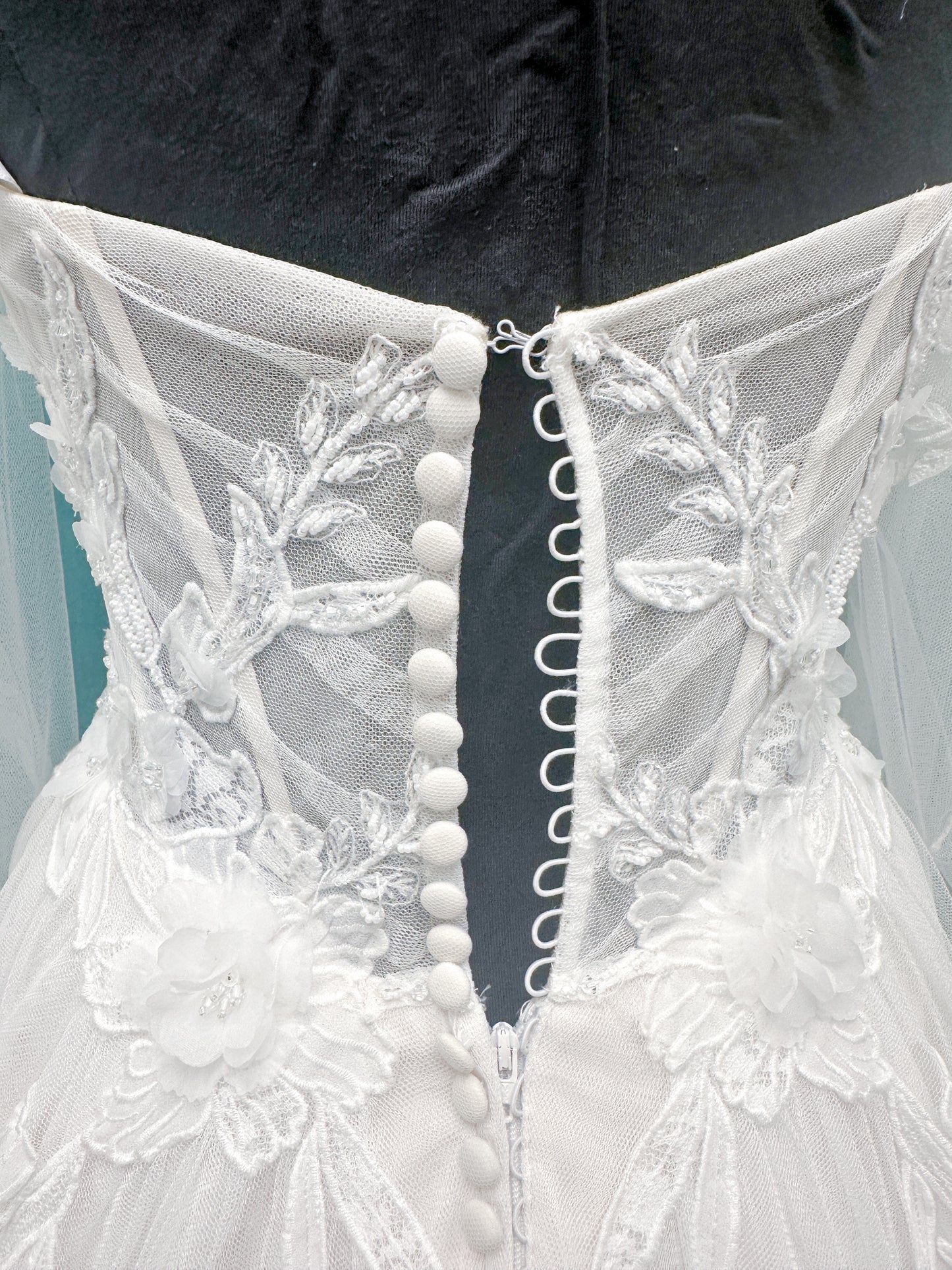 Betty A-line Wedding Dress in Ivory/Champagne, Size 10 — sheer corset bodice, floral lace, sweetheart neckline
