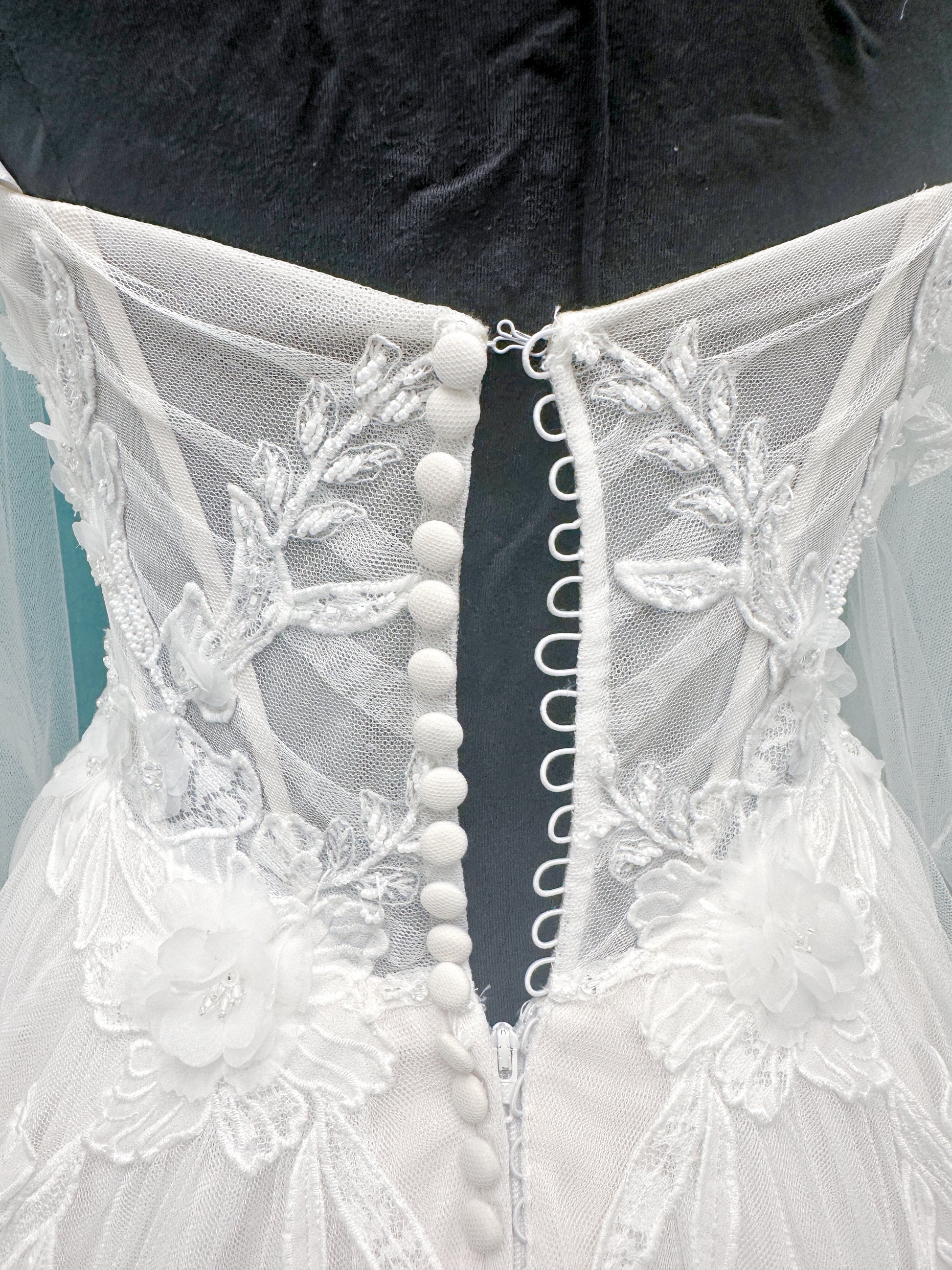 Betty A-line Wedding Dress in Ivory/Champagne, Size 10 — sheer corset bodice, floral lace, sweetheart neckline
