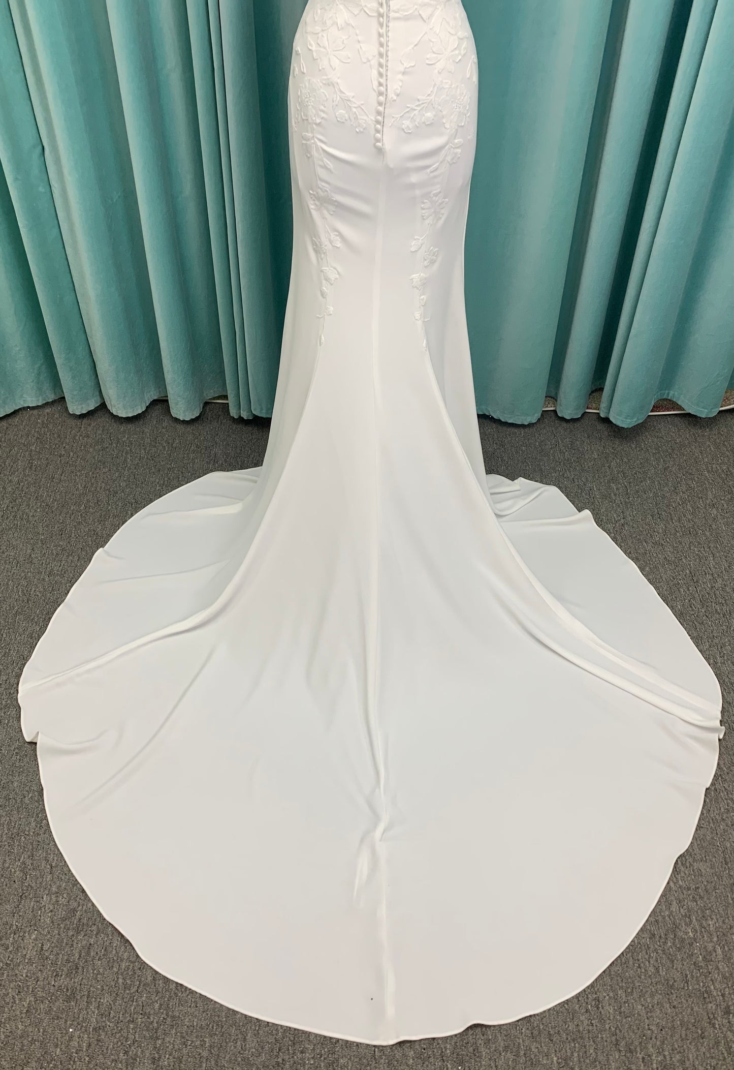 Brenda Mermaid Wedding Dress in Ivory Lace/Ivory, Size 8 — smooth crepe, plunging V-neckline, lace-lined slit