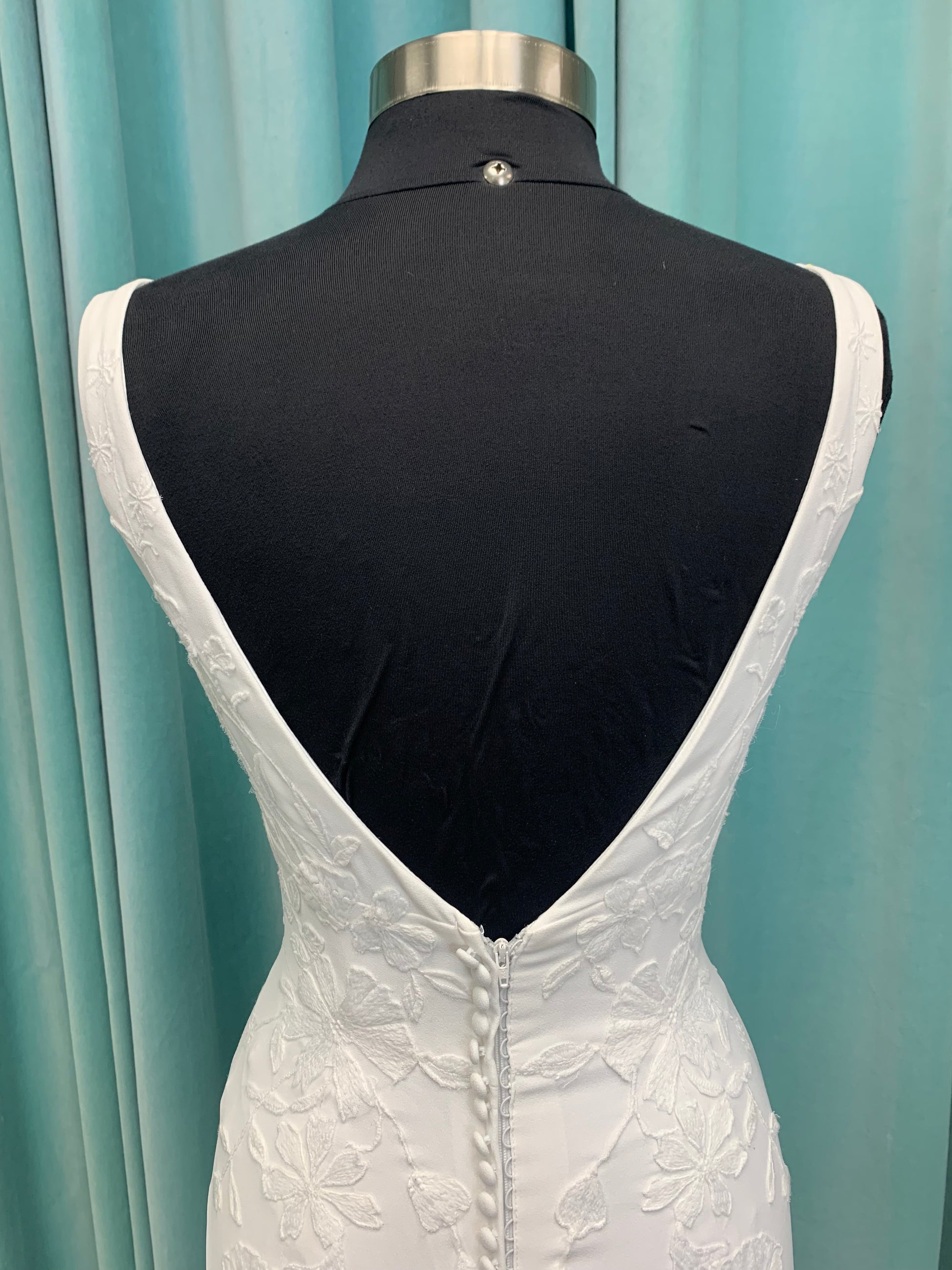 Brenda Mermaid Wedding Dress in Ivory Lace/Ivory, Size 8 — smooth crepe, plunging V-neckline, lace-lined slit