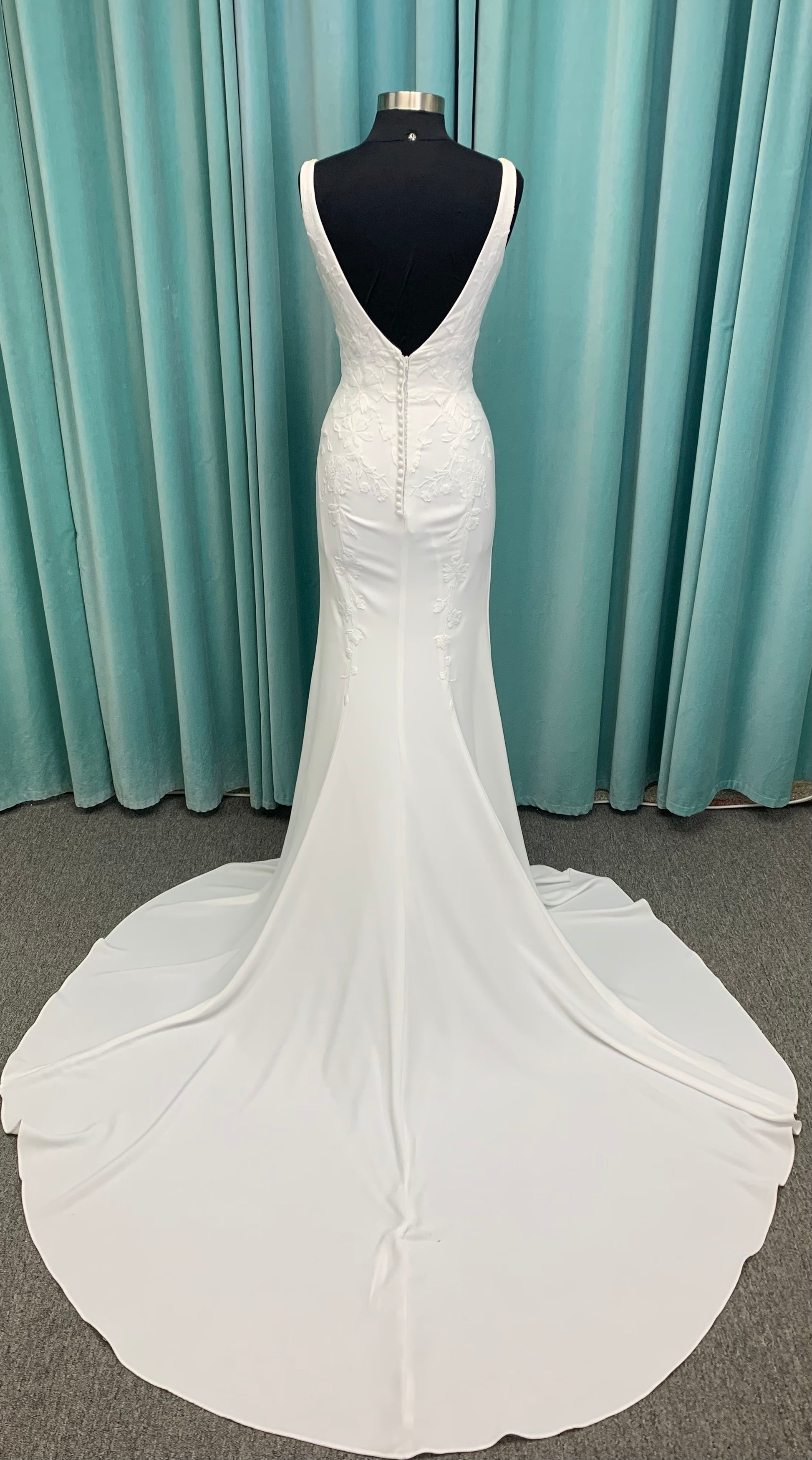 Brenda Mermaid Wedding Dress in Ivory Lace/Ivory, Size 8 — smooth crepe, plunging V-neckline, lace-lined slit