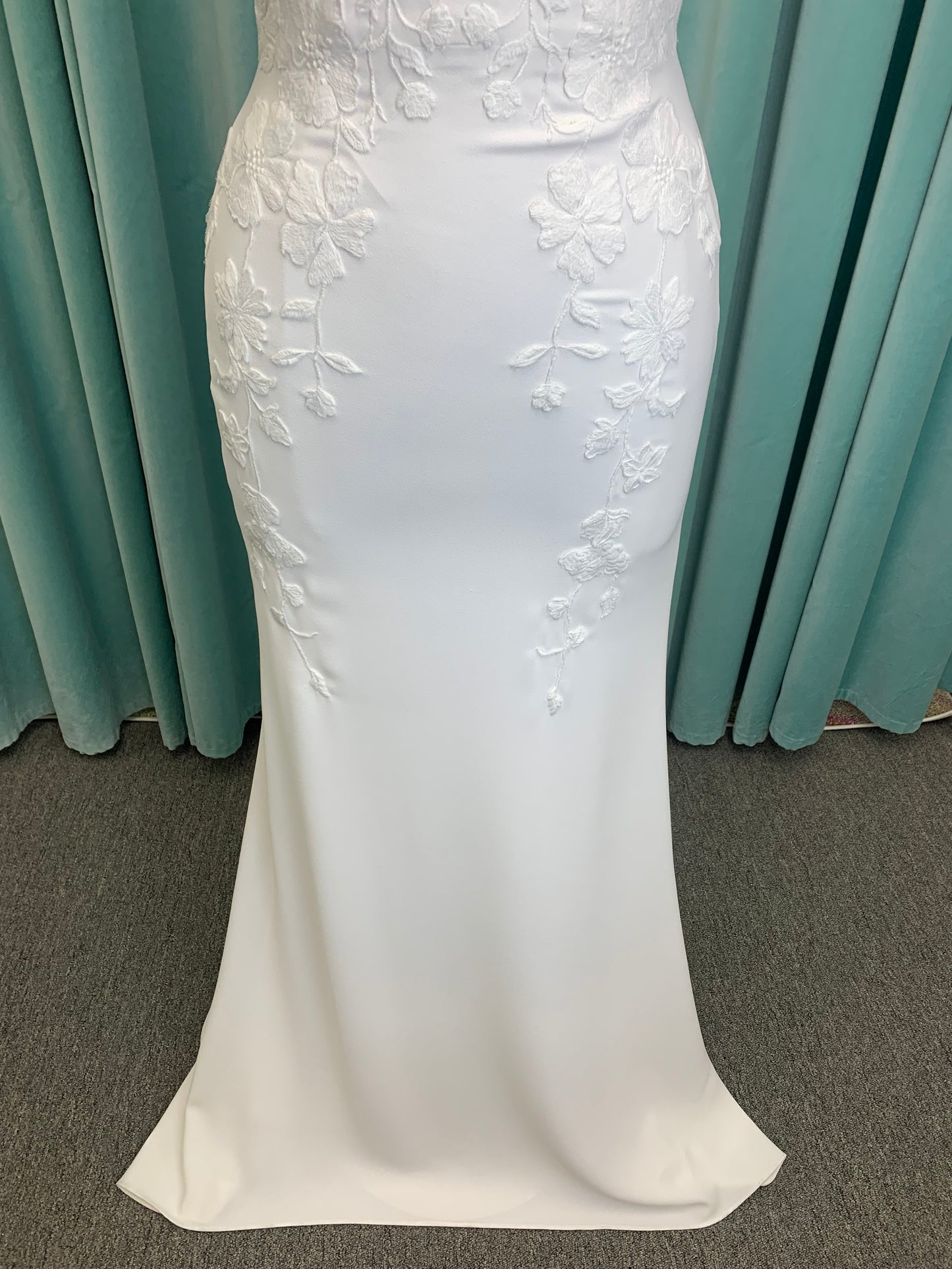 Brenda Mermaid Wedding Dress in Ivory Lace/Ivory, Size 8 — smooth crepe, plunging V-neckline, lace-lined slit