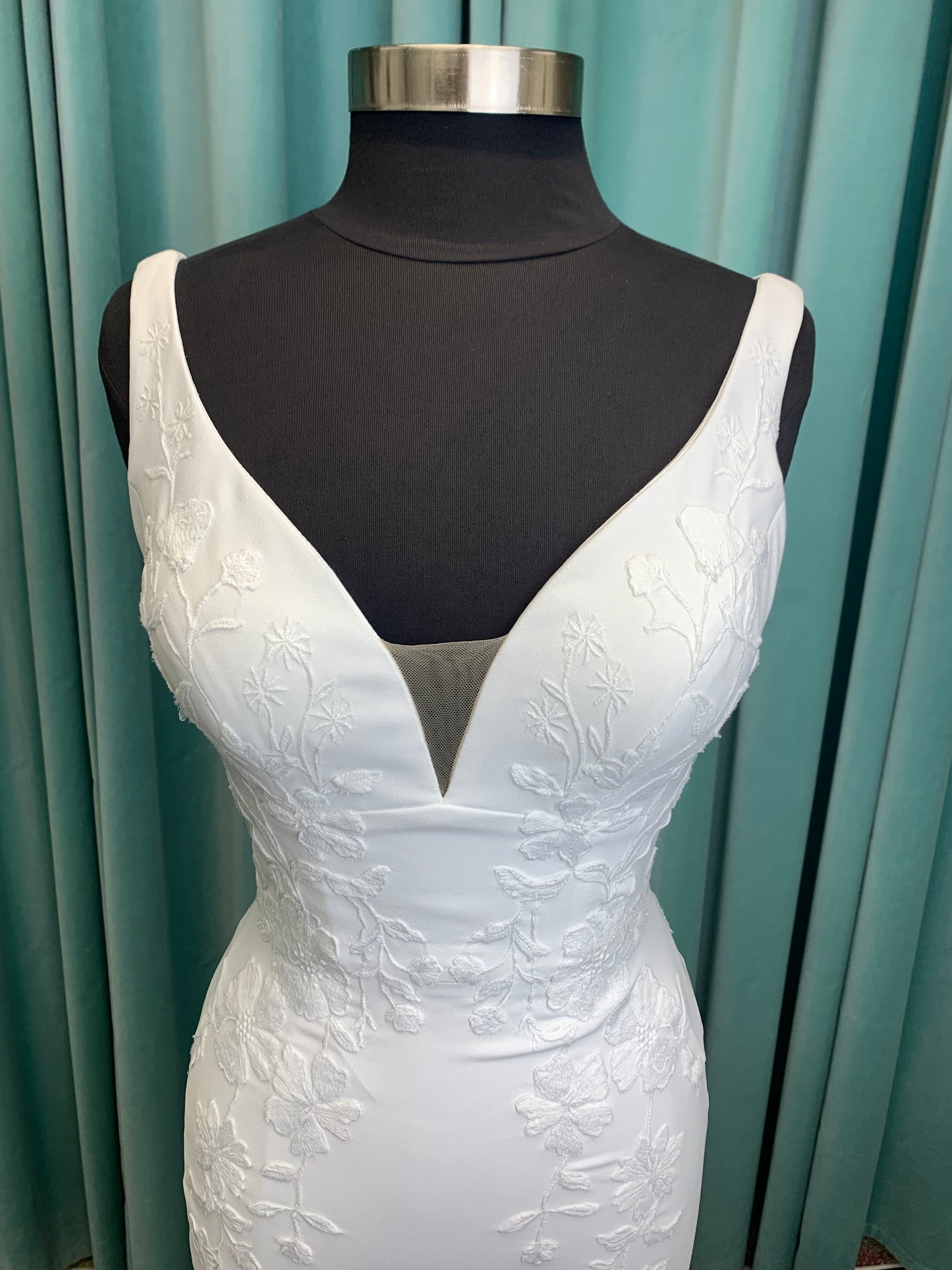 Brenda Mermaid Wedding Dress in Ivory Lace/Ivory, Size 8 — smooth crepe, plunging V-neckline, lace-lined slit