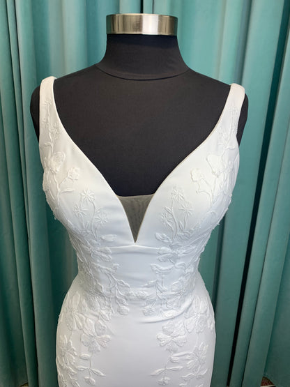 Brenda Mermaid Wedding Dress in Ivory Lace/Ivory, Size 8 — smooth crepe, plunging V-neckline, lace-lined slit