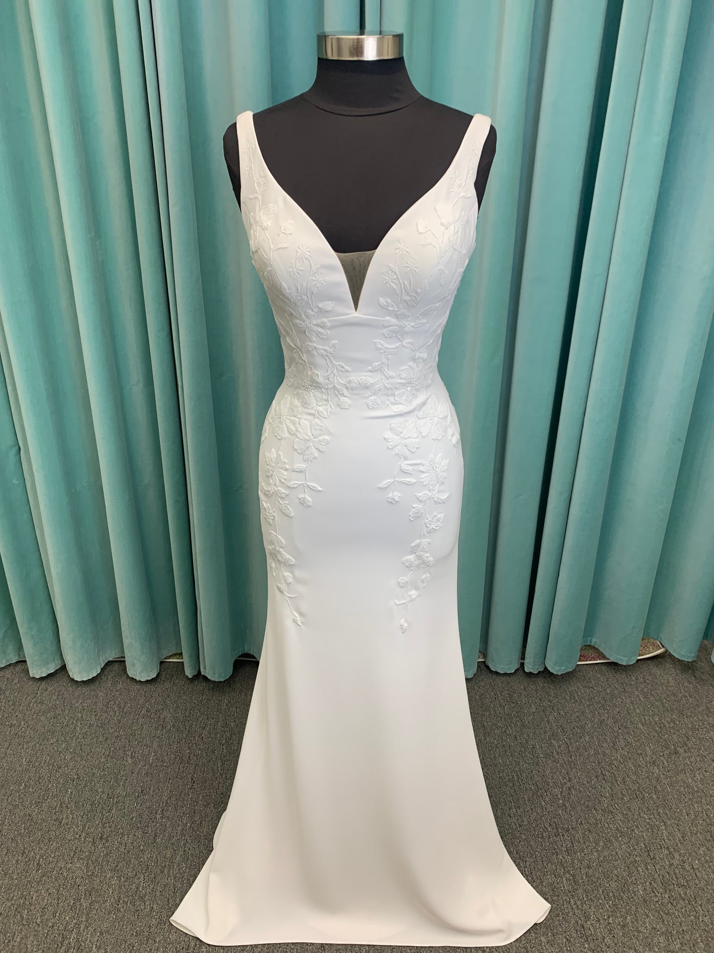 Brenda Mermaid Wedding Dress in Ivory Lace/Ivory, Size 8 — smooth crepe, plunging V-neckline, lace-lined slit