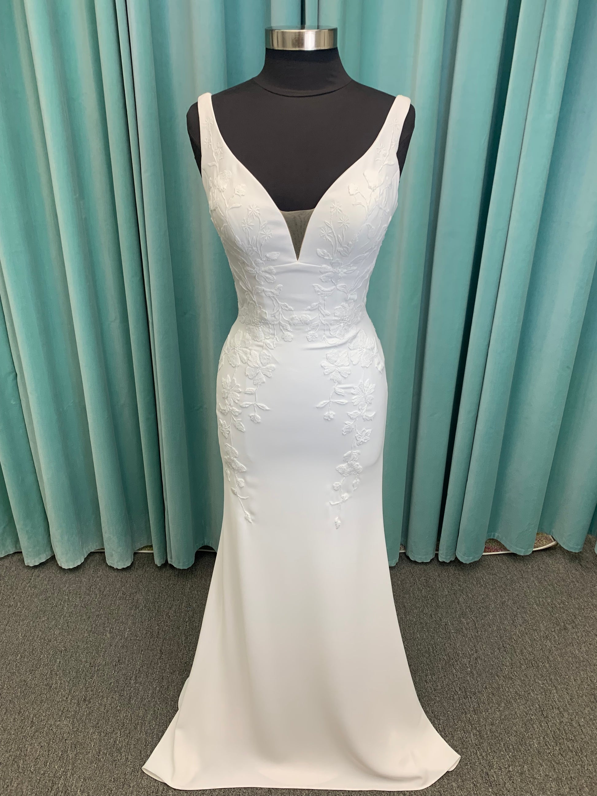 Brenda Mermaid Wedding Dress in Ivory Lace/Ivory, Size 8 — smooth crepe, plunging V-neckline, lace-lined slit