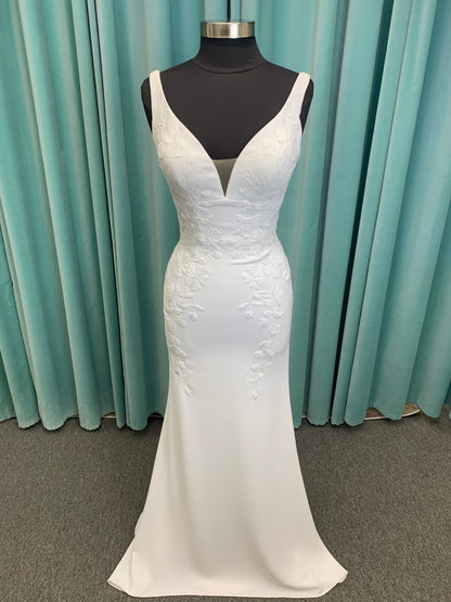 Brenda Mermaid Wedding Dress in Ivory Lace/Ivory, Size 8 — smooth crepe, plunging V-neckline, lace-lined slit