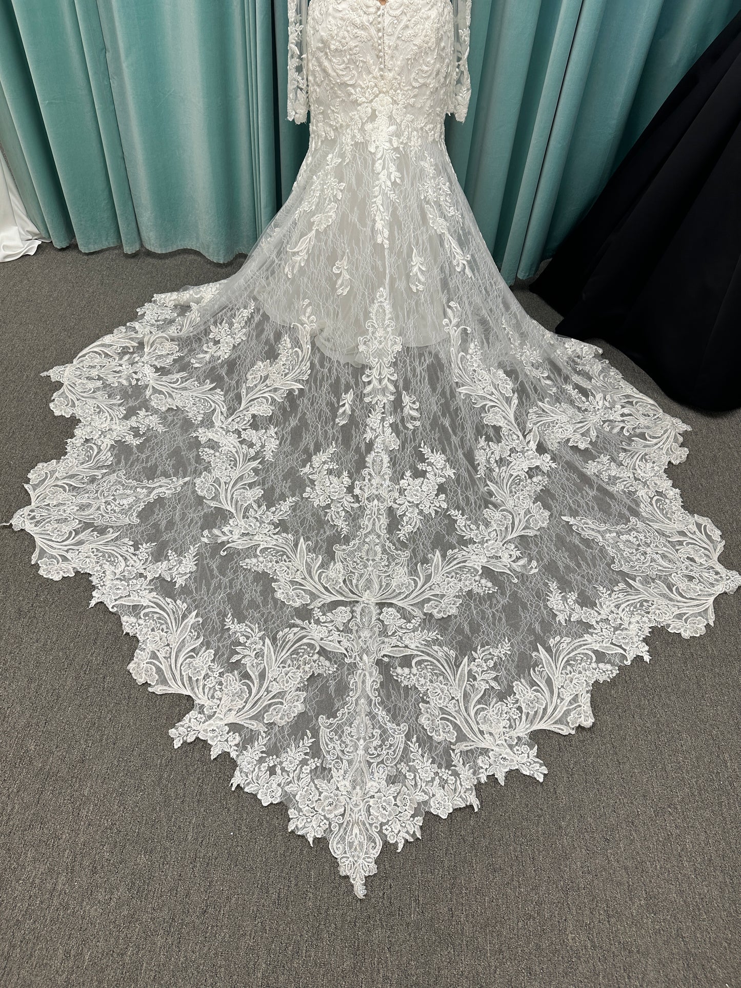 Essense of Australia D4213 lace fit-and-flare wedding dress with plunging neckline and sheer lace sleeves featuring a long lace train
