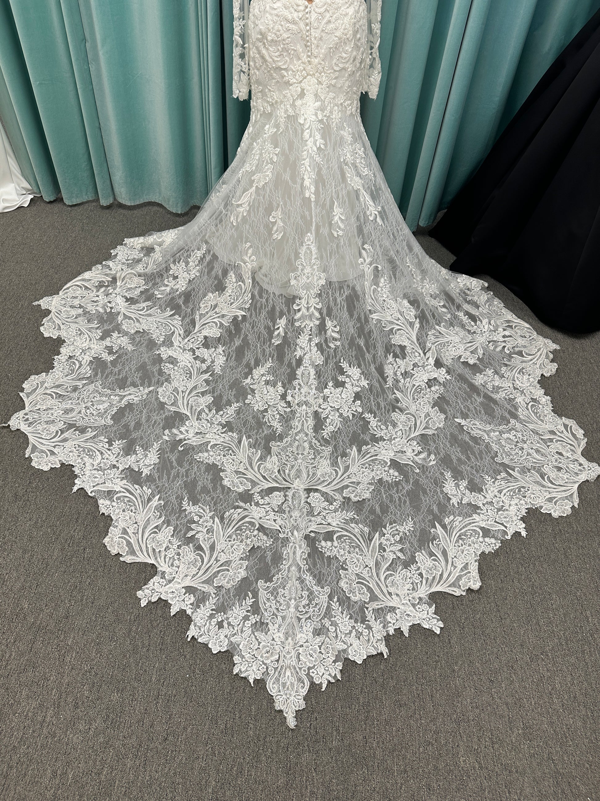 Essense of Australia D4213 lace fit-and-flare wedding dress with plunging neckline and sheer lace sleeves featuring a long lace train