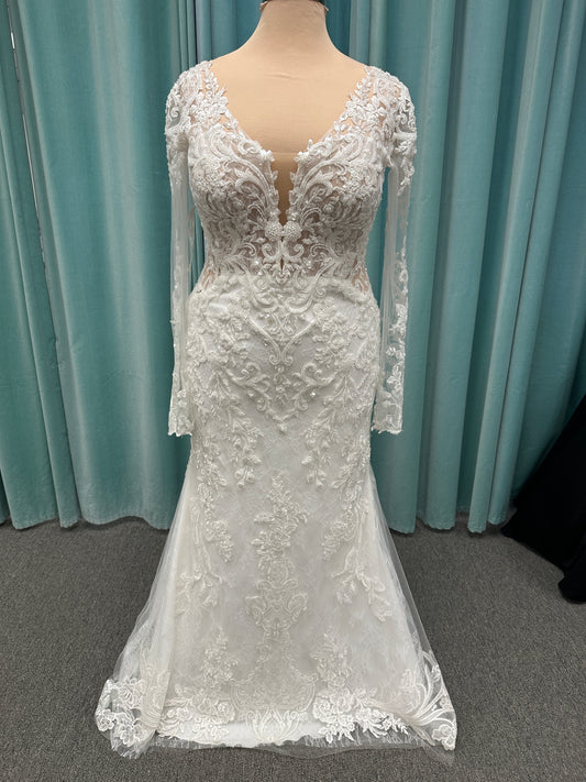 Essense of Australia D4213 lace fit-and-flare wedding dress with plunging neckline and sheer lace sleeves featuring a long lace train