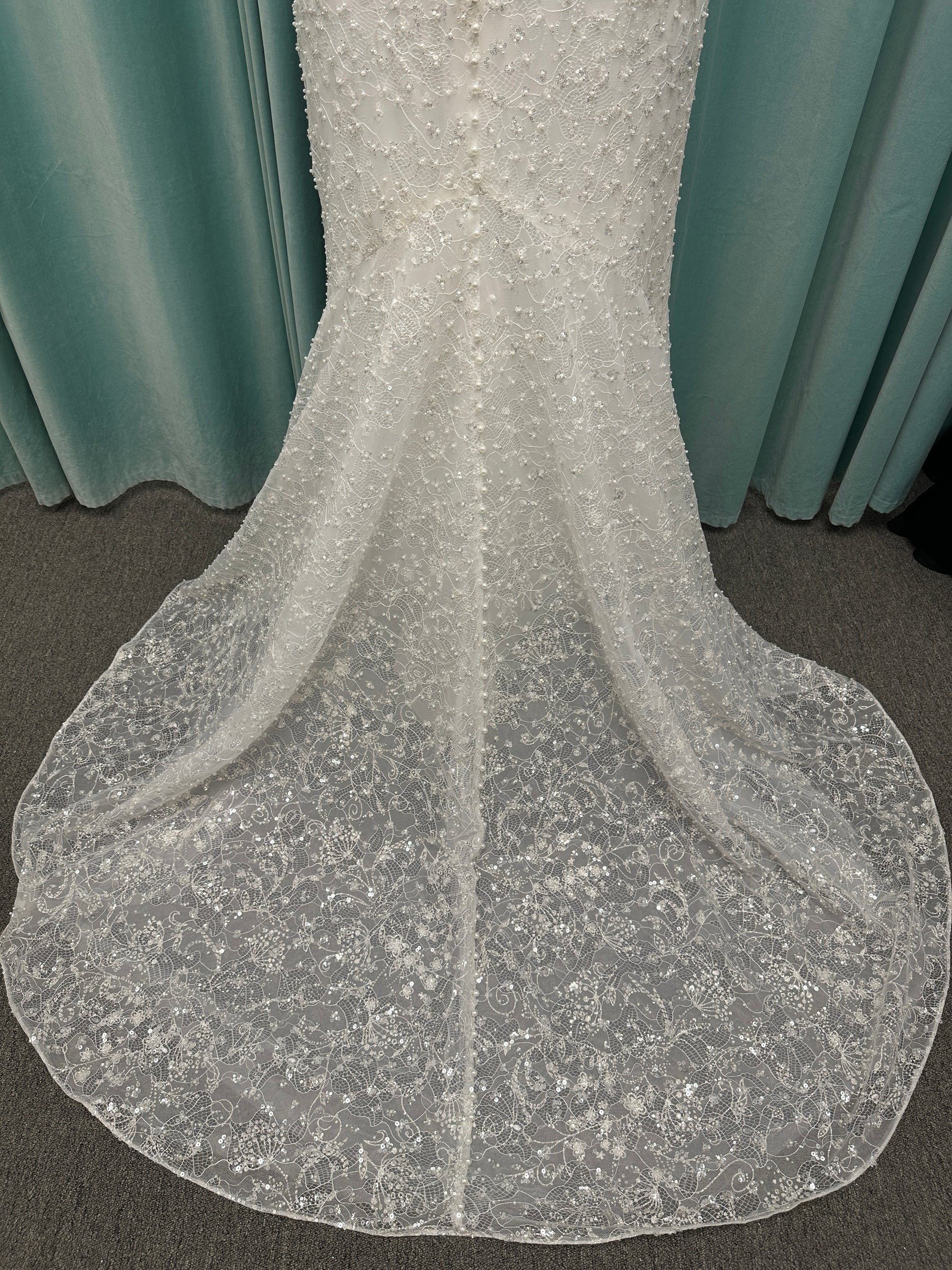 Plus size beaded lace column wedding dress with plunging V neckline, illusion tulle inset, and low V back by Stella York Style 8006