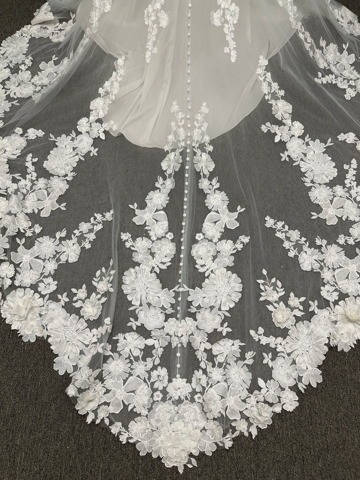 Essense of Australia D4141 lace fit-and-flare wedding dress with high illusion neckline, sheer bodice, low keyhole back, and shaped lace train