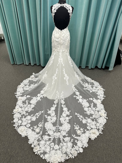 Essense of Australia D4141 lace fit-and-flare wedding dress with high illusion neckline, sheer bodice, low keyhole back, and shaped lace train