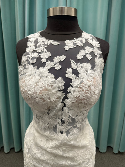 Essense of Australia D4141 lace fit-and-flare wedding dress with high illusion neckline, sheer bodice, low keyhole back, and shaped lace train