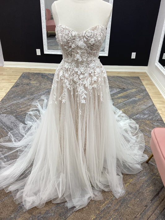 Morilee MGNY 2361 Camellia strapless A-line wedding gown with 3D floral embroidery, crystal beading, layered tulle skirt, and sheer train.