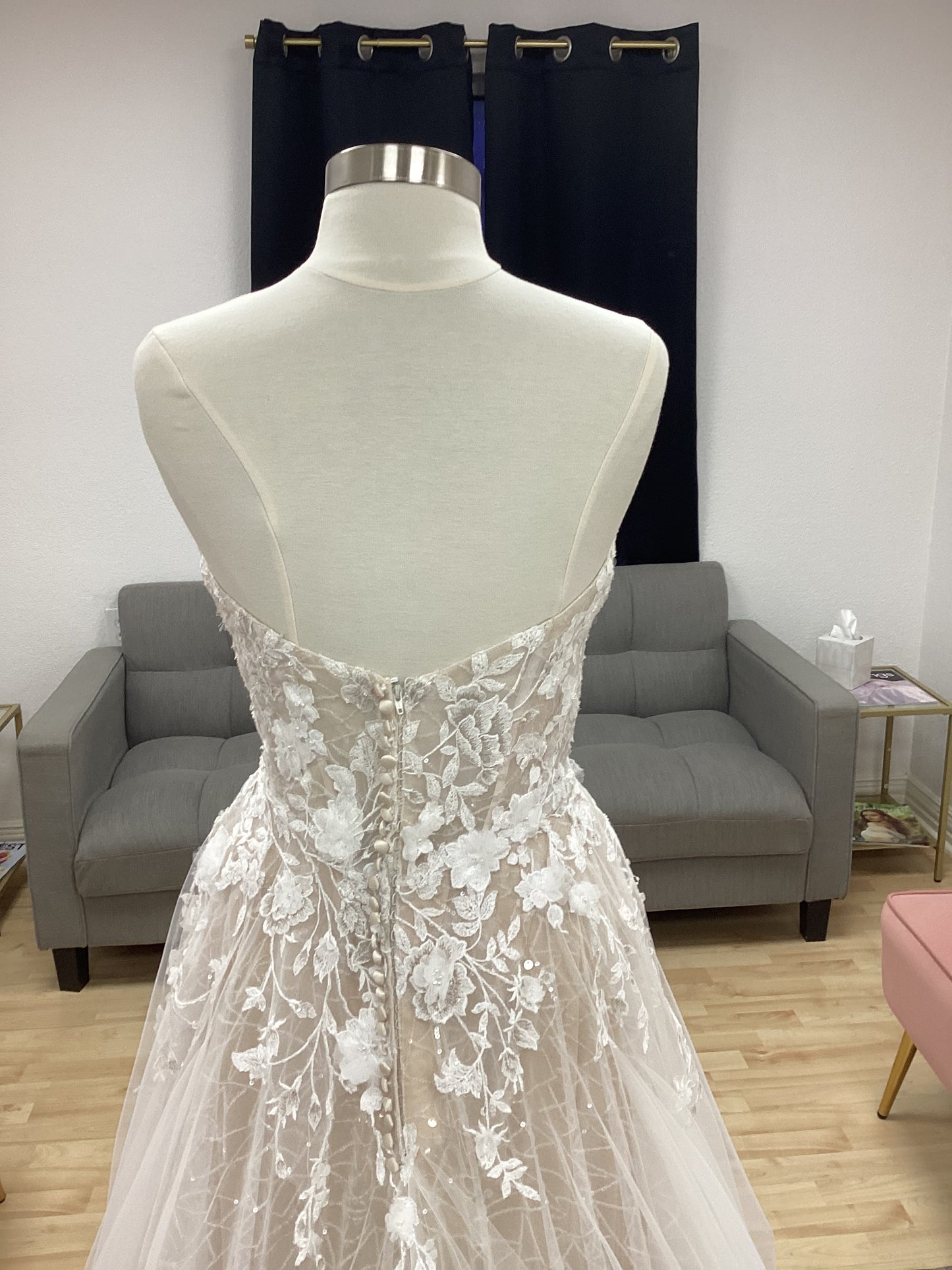 Morilee MGNY 2361 Camellia strapless A-line wedding gown with 3D floral embroidery, crystal beading, layered tulle skirt, and sheer train.
