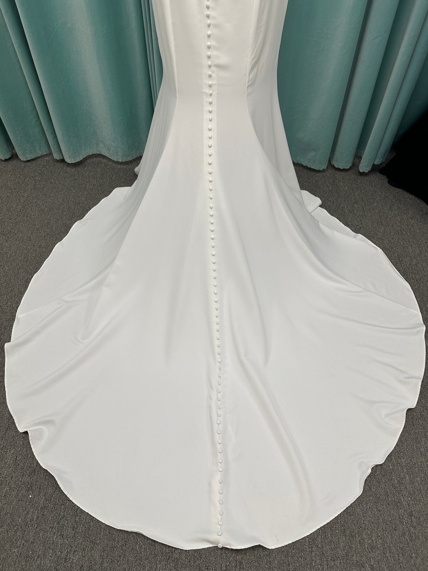 Strapless satin fit-and-flare wedding dress with sweetheart neckline and button-back detail by Essense of Australia style D4193