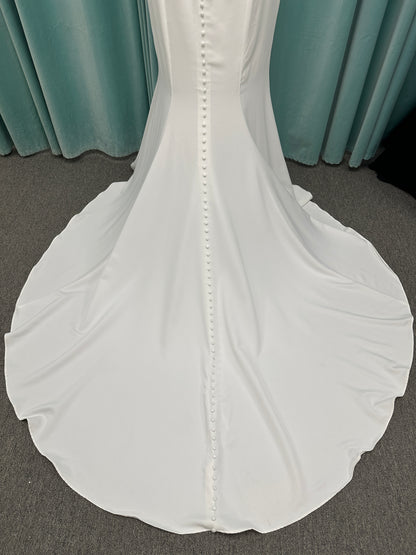 Strapless satin fit-and-flare wedding dress with sweetheart neckline and button-back detail by Essense of Australia style D4193