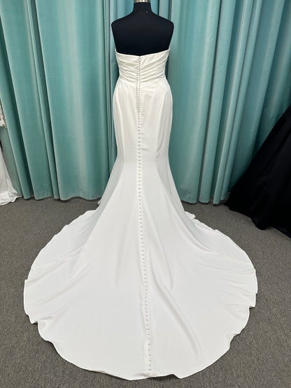 Strapless satin fit-and-flare wedding dress with sweetheart neckline and button-back detail by Essense of Australia style D4193