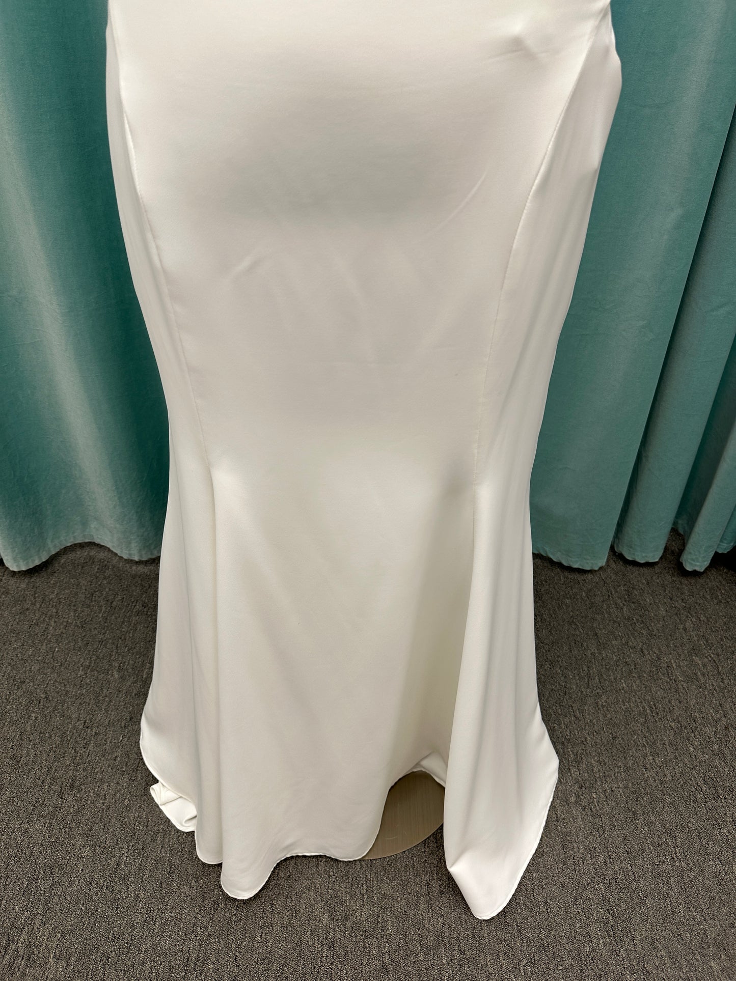 Strapless satin fit-and-flare wedding dress with sweetheart neckline and button-back detail by Essense of Australia style D4193