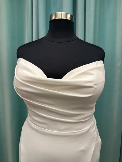 Strapless satin fit-and-flare wedding dress with sweetheart neckline and button-back detail by Essense of Australia style D4193