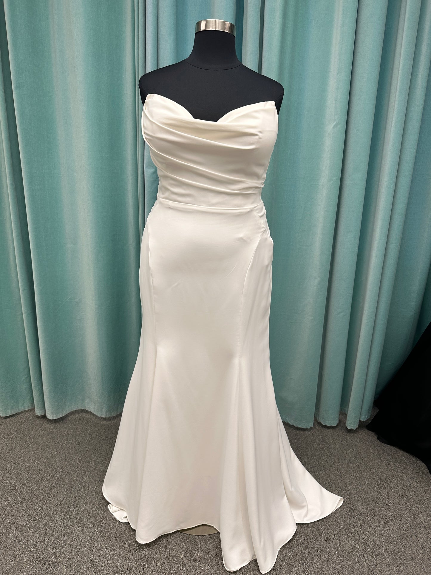 Strapless satin fit-and-flare wedding dress with sweetheart neckline and button-back detail by Essense of Australia style D4193