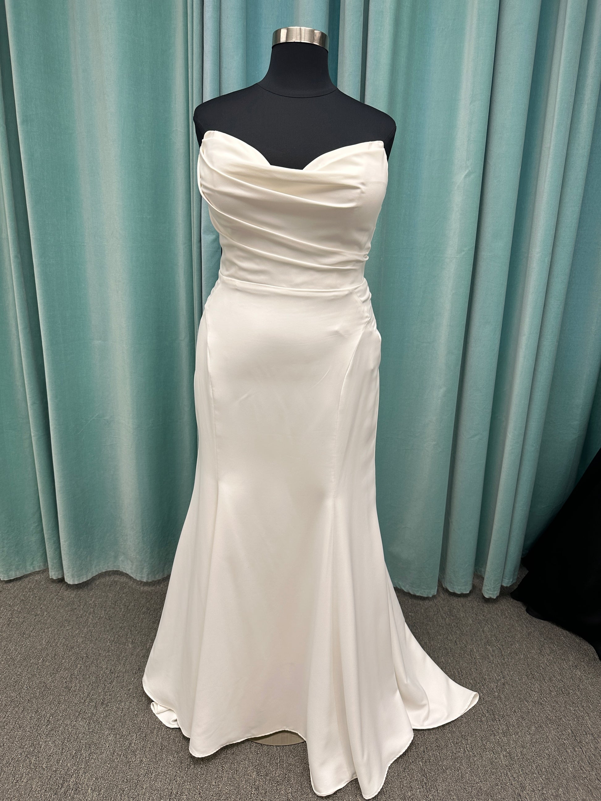 Strapless satin fit-and-flare wedding dress with sweetheart neckline and button-back detail by Essense of Australia style D4193