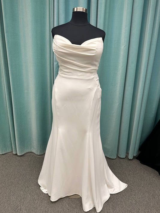 Strapless satin fit-and-flare wedding dress with sweetheart neckline and button-back detail by Essense of Australia style D4193