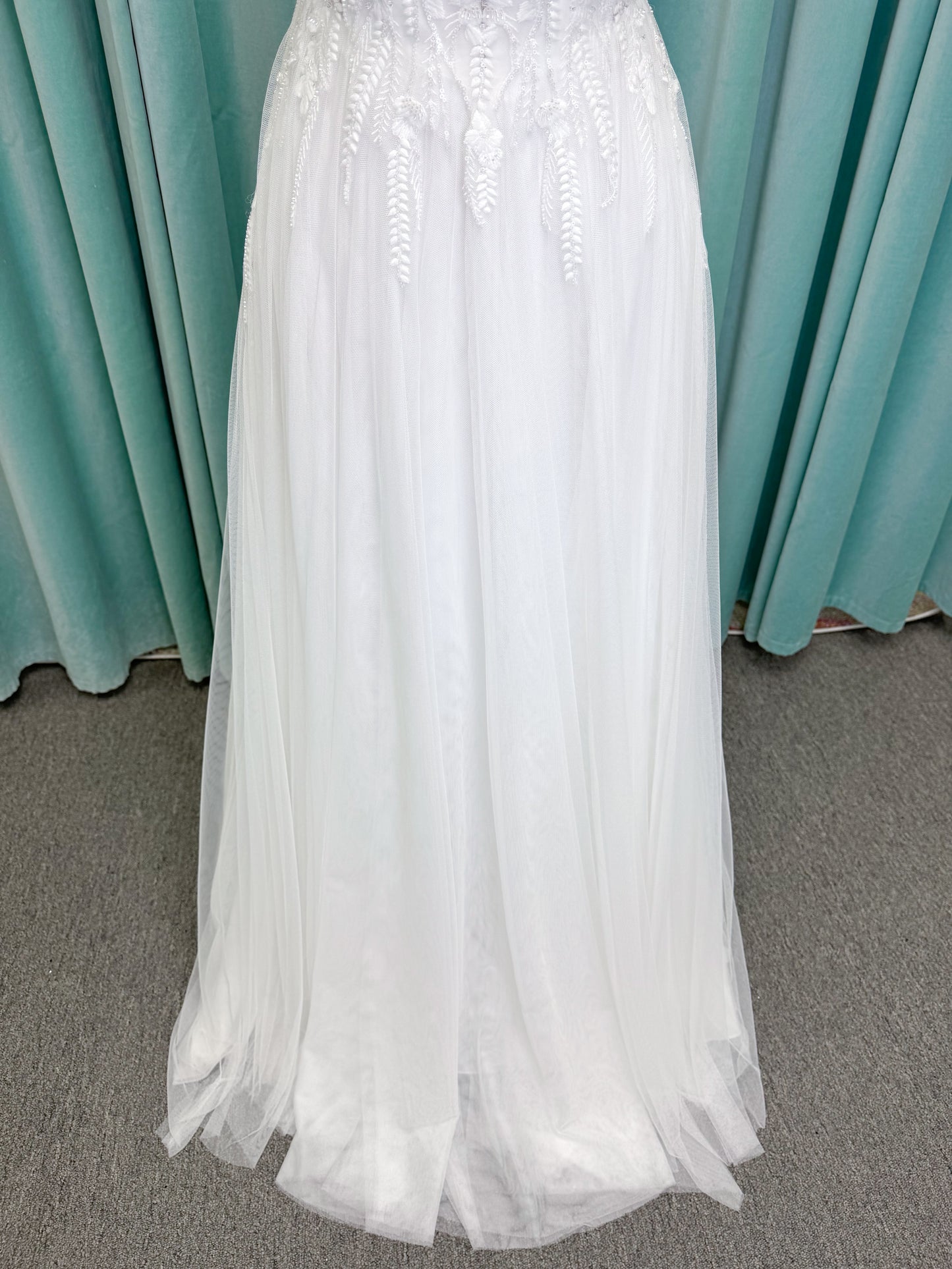 Carolyn A-line Wedding Dress in Ivory, Size 8 — strapless bodice, lace appliqués, beaded details, tulle skirt