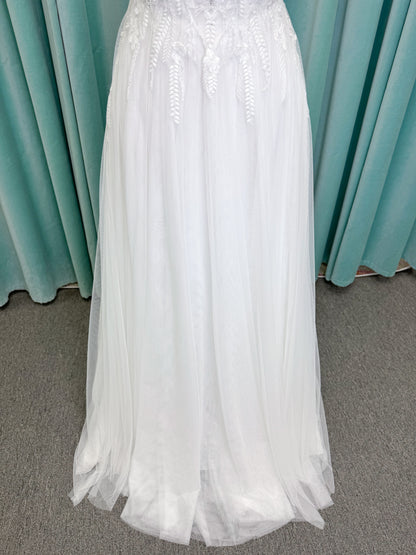 Carolyn A-line Wedding Dress in Ivory, Size 8 — strapless bodice, lace appliqués, beaded details, tulle skirt