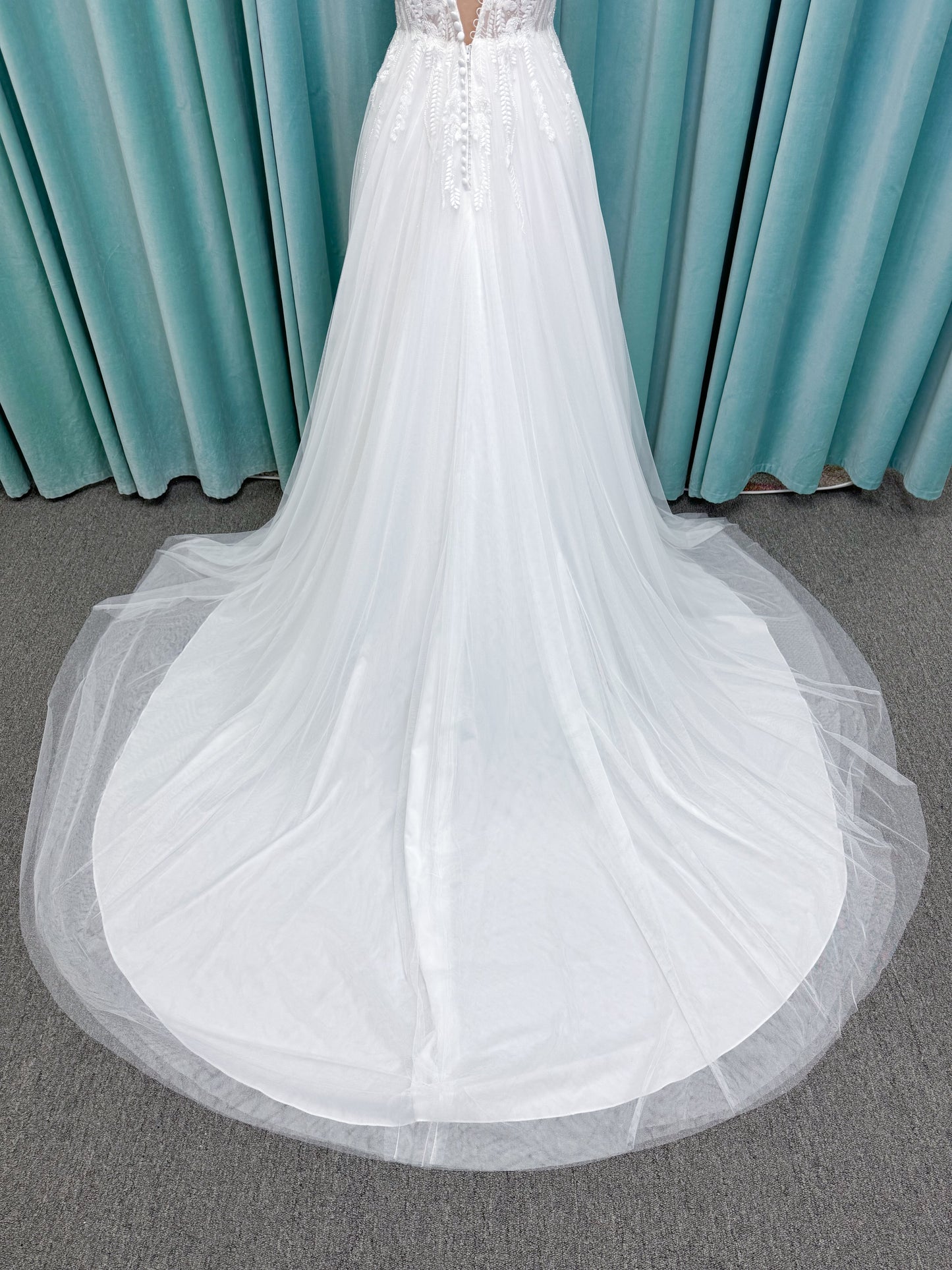 Carolyn A-line Wedding Dress in Ivory, Size 8 — strapless bodice, lace appliqués, beaded details, tulle skirt
