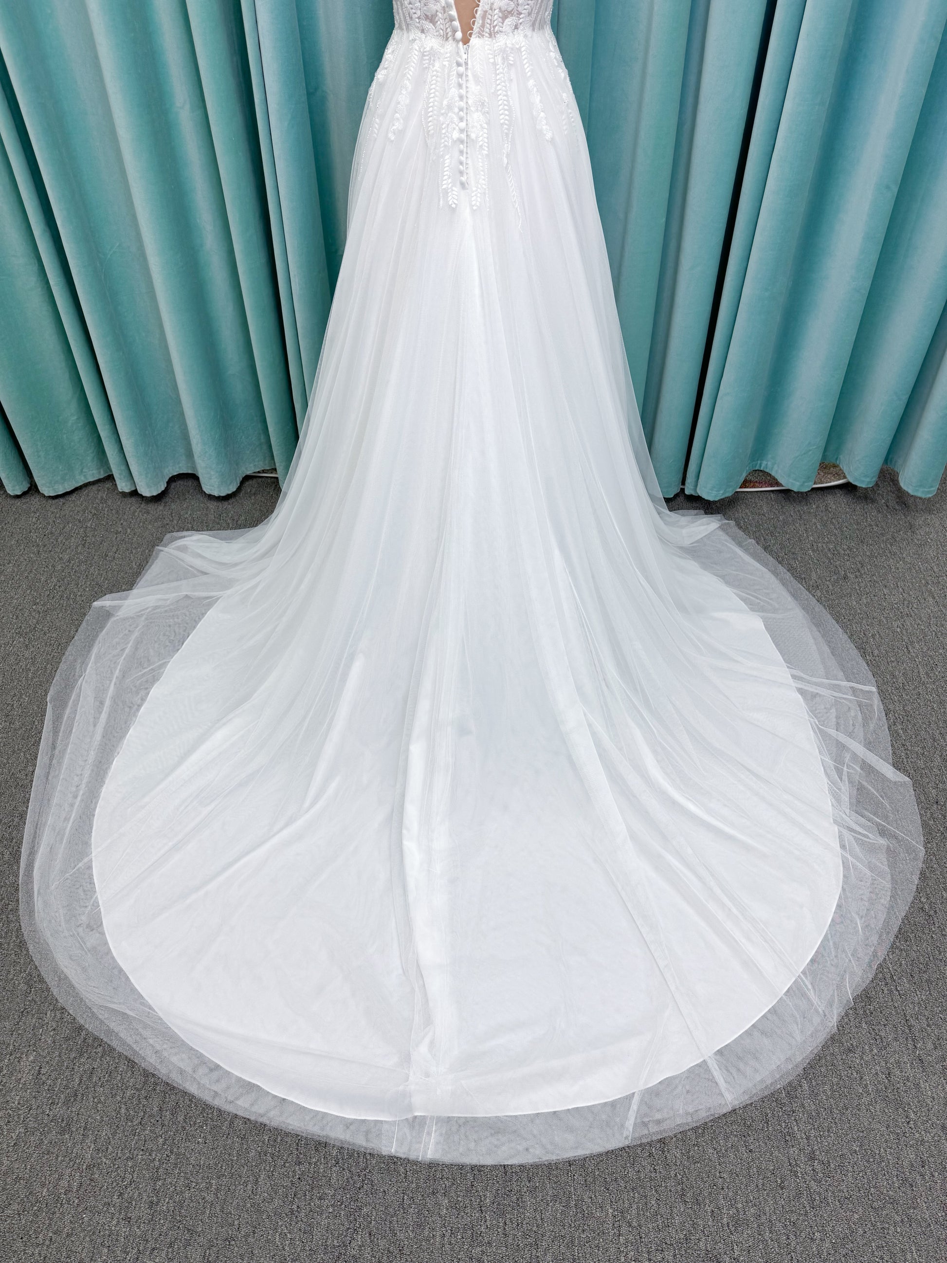 Carolyn A-line Wedding Dress in Ivory, Size 8 — strapless bodice, lace appliqués, beaded details, tulle skirt