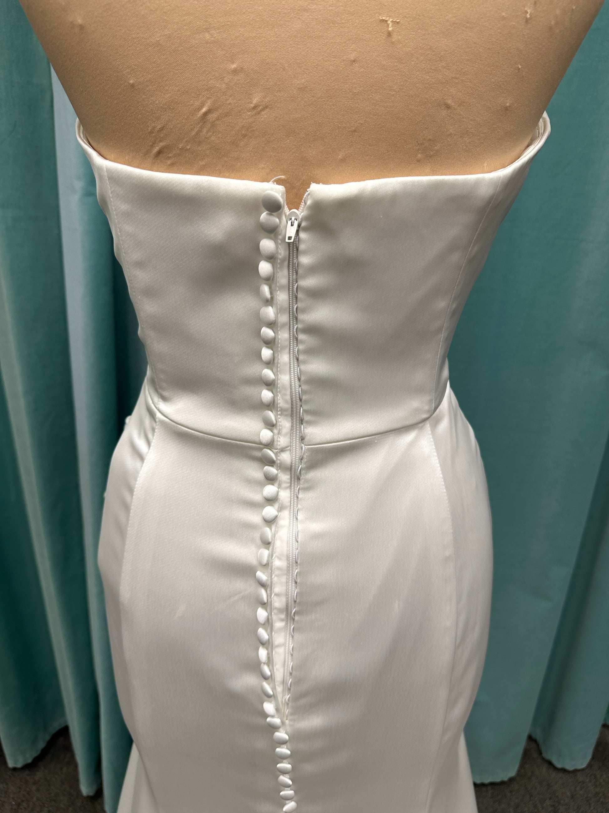 Essense of Australia D4034 strapless charmeuse column wedding dress with ruched sweetheart neckline and fitted silhouette