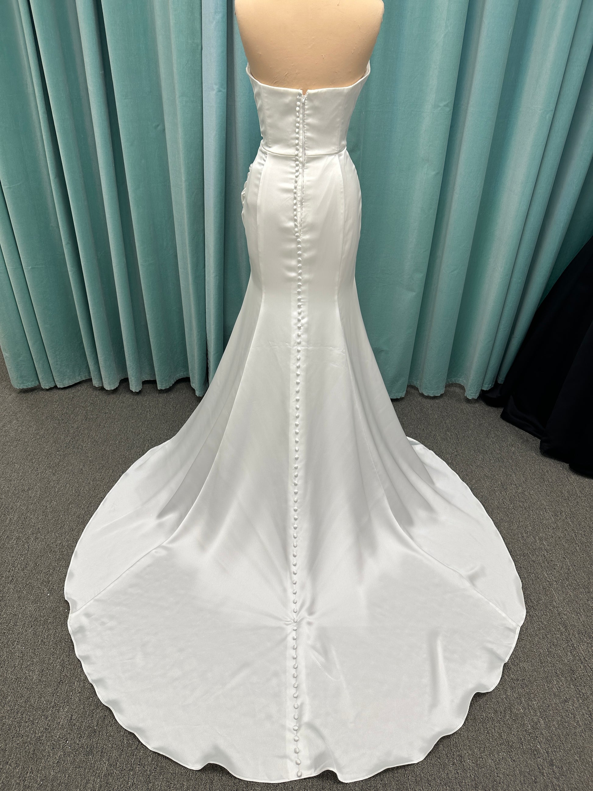 Essense of Australia D4034 strapless charmeuse column wedding dress with ruched sweetheart neckline and fitted silhouette