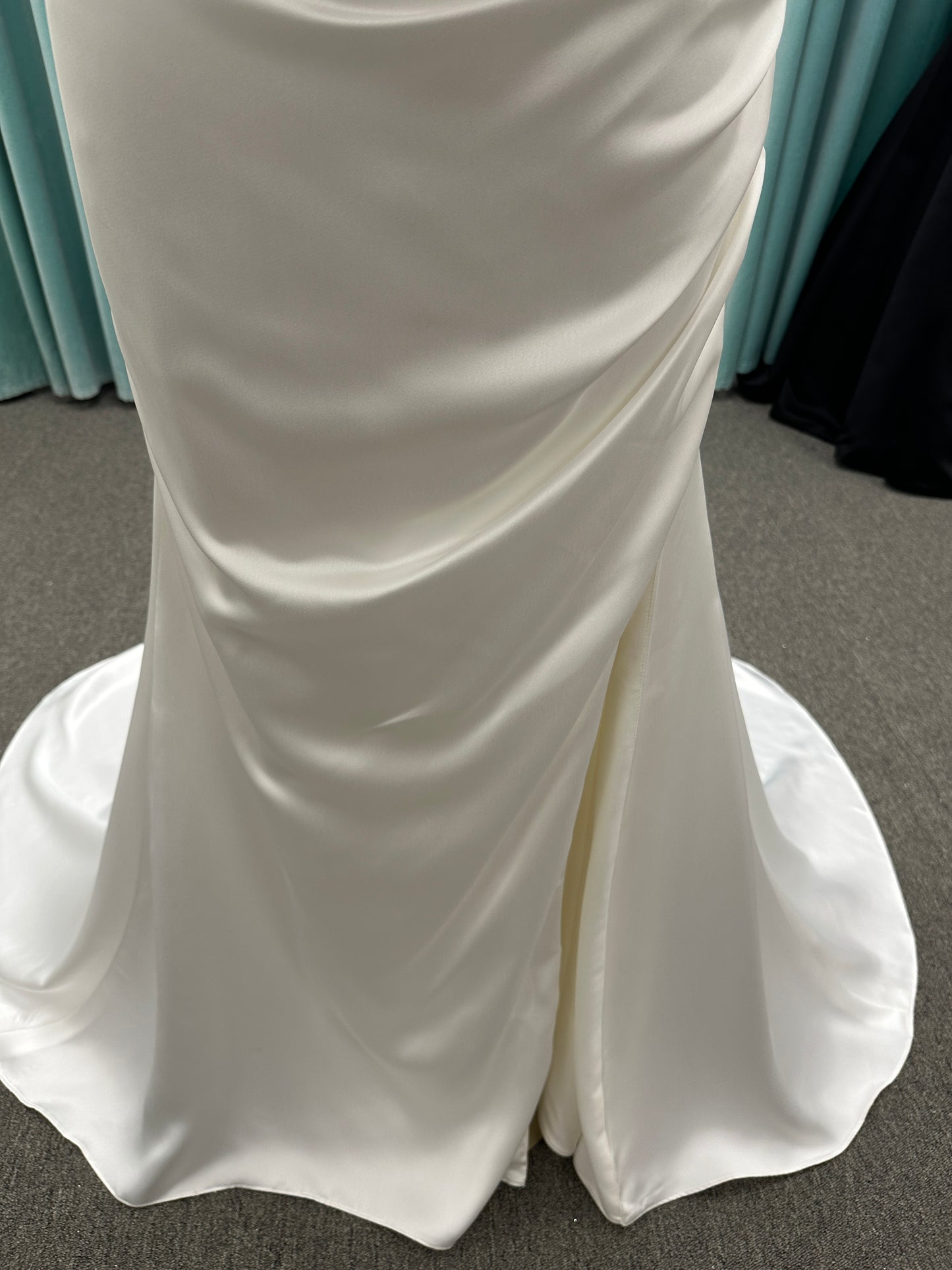 Essense of Australia D4034 strapless charmeuse column wedding dress with ruched sweetheart neckline and fitted silhouette