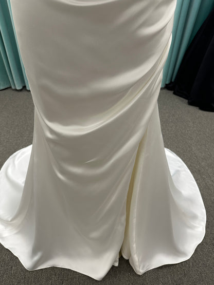 Essense of Australia D4034 strapless charmeuse column wedding dress with ruched sweetheart neckline and fitted silhouette