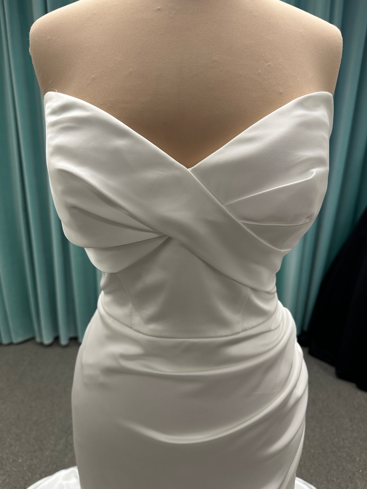 Essense of Australia D4034 strapless charmeuse column wedding dress with ruched sweetheart neckline and fitted silhouette