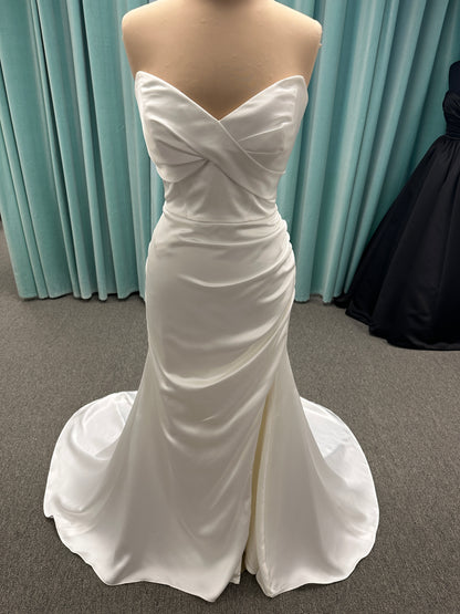 Essense of Australia D4034 strapless charmeuse column wedding dress with ruched sweetheart neckline and fitted silhouette