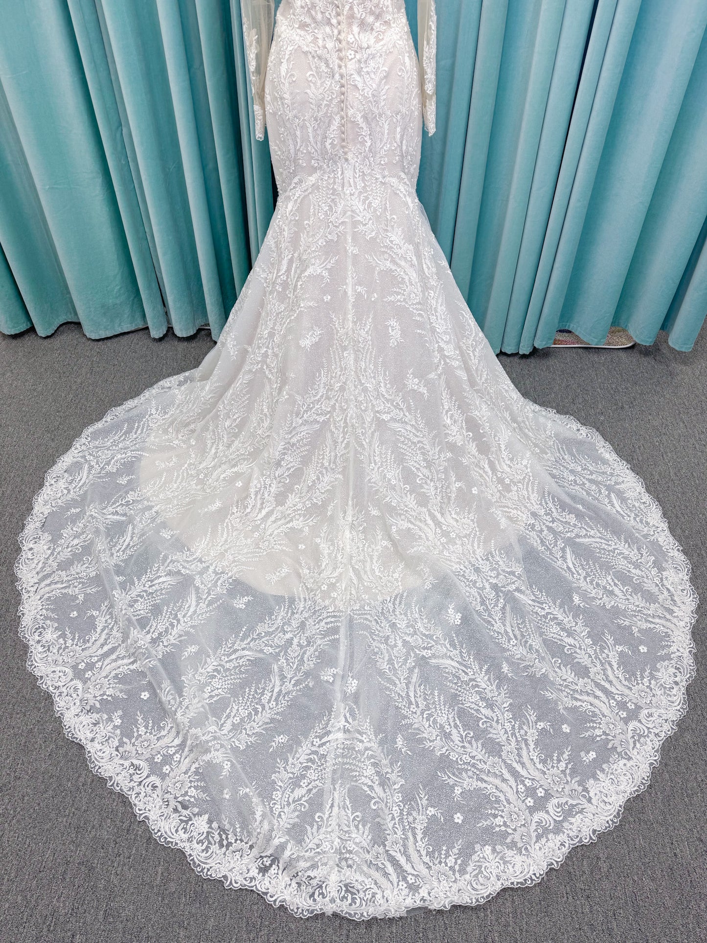 Morilee 2401 Dauphine strapless sweetheart mermaid wedding dress in sparkle organza with frosted lace appliqués, corset bodice, and detachable illusion long sleeves.