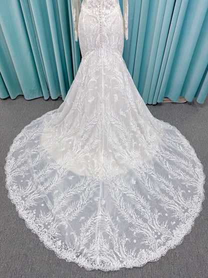 Morilee 2401 Dauphine strapless sweetheart mermaid wedding dress in sparkle organza with frosted lace appliqués, corset bodice, and detachable illusion long sleeves.