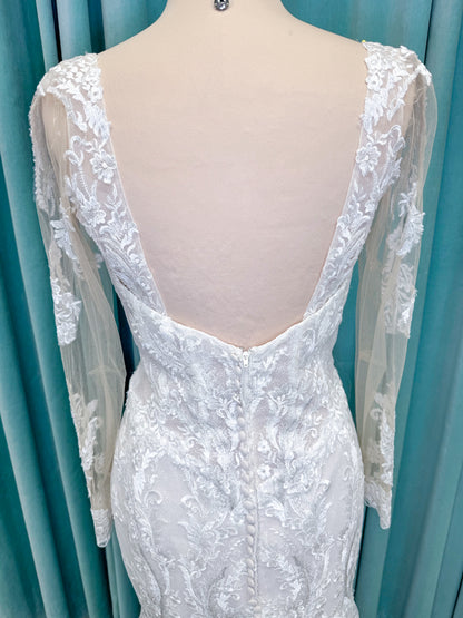 Morilee 2401 Dauphine strapless sweetheart mermaid wedding dress in sparkle organza with frosted lace appliqués, corset bodice, and detachable illusion long sleeves.