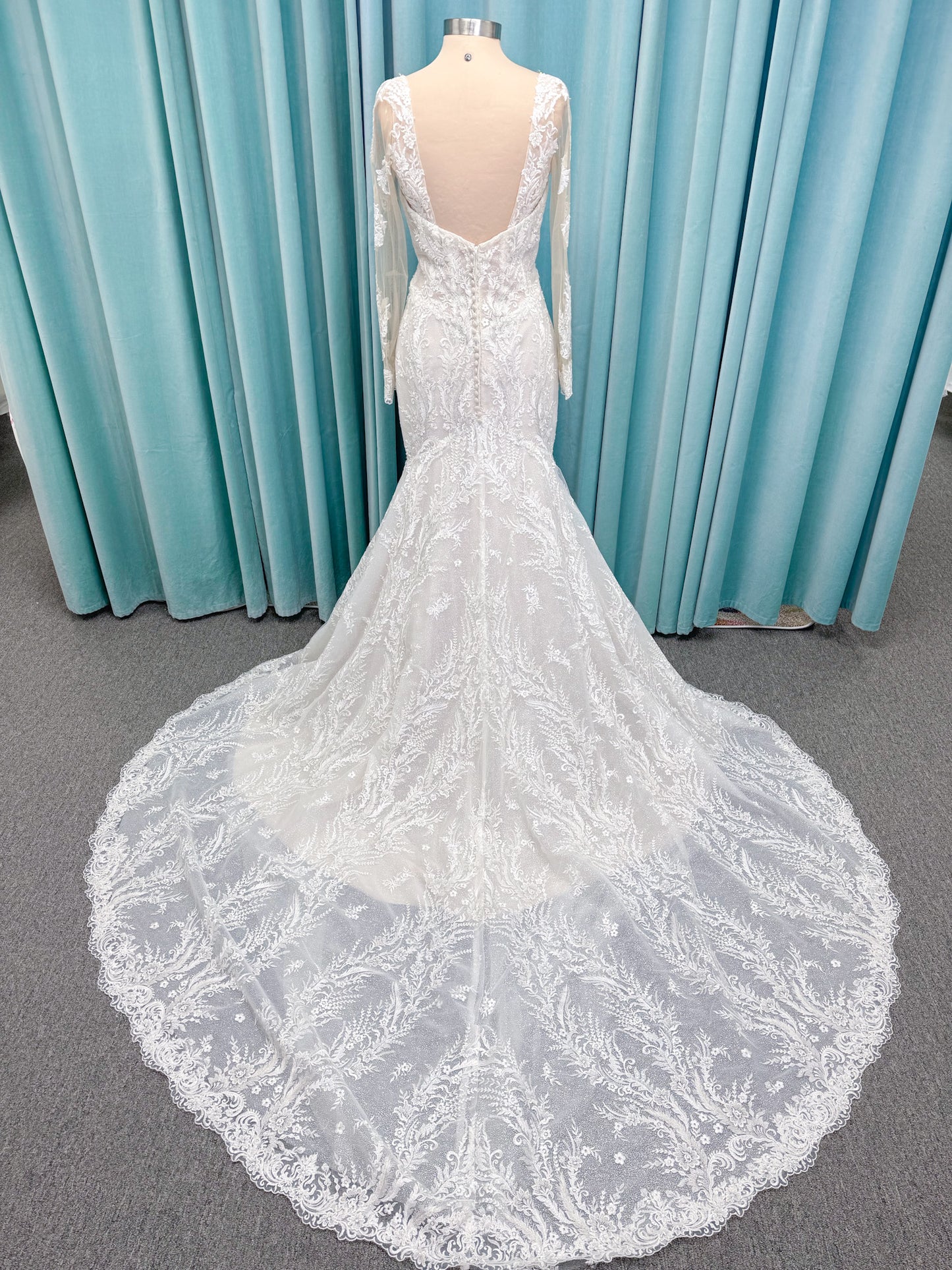 Morilee 2401 Dauphine strapless sweetheart mermaid wedding dress in sparkle organza with frosted lace appliqués, corset bodice, and detachable illusion long sleeves.
