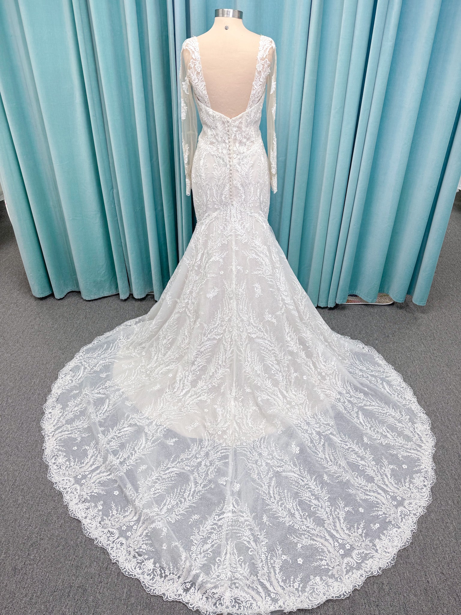 Morilee 2401 Dauphine strapless sweetheart mermaid wedding dress in sparkle organza with frosted lace appliqués, corset bodice, and detachable illusion long sleeves.