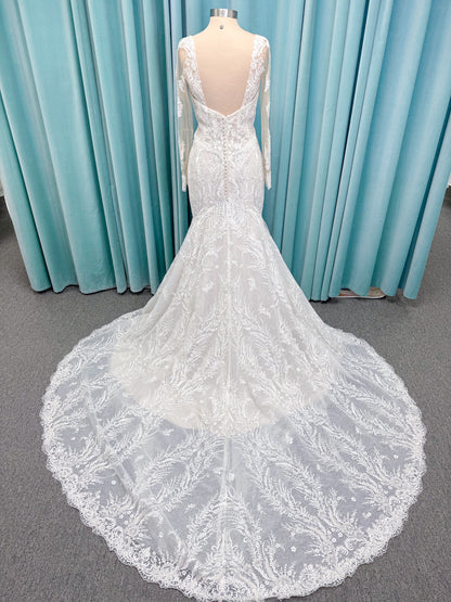 Morilee 2401 Dauphine strapless sweetheart mermaid wedding dress in sparkle organza with frosted lace appliqués, corset bodice, and detachable illusion long sleeves.